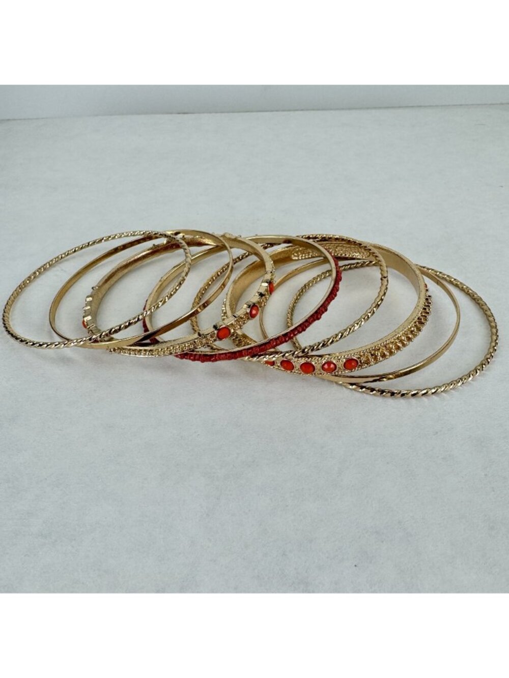 8 pc Coral Bangle Bracelet Set Gold-tone Stackable Textured Beaded Accents 2.5" - Picture 6 of 7